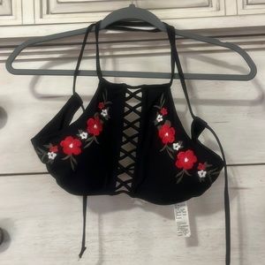 Hollister Swim Black Floral Embroidered Lace Up High Neck Bikini Top Small‎